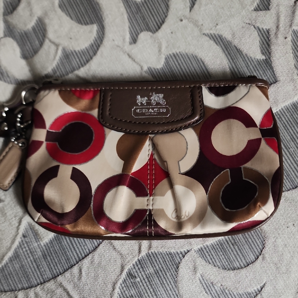 Coach Brown and Red OP Art Signature Satin And Leather Wristlet Vintage Y2K - Picture 5 of 8